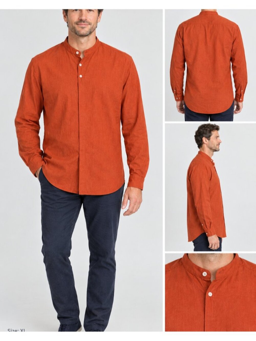 Zara Men Shirt Terracotta Brown Mandarin Collar Cotton Button Up Long Sleeve XL